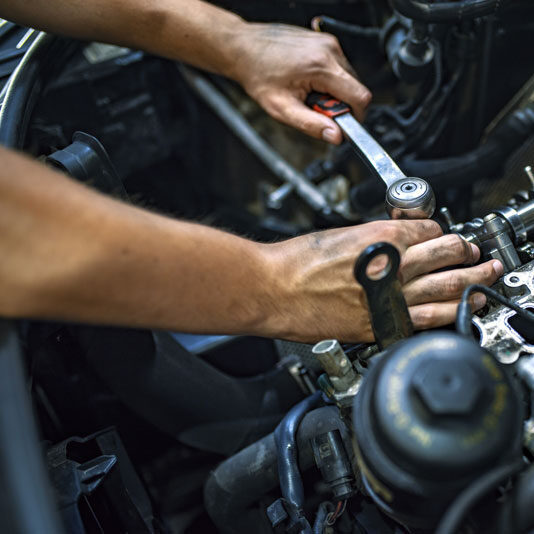 Mechanic using a wrench on a car engine